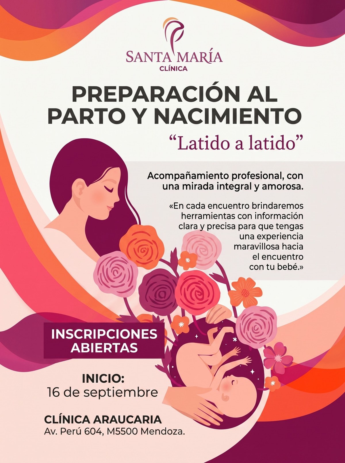 Flyer del curso Preparación al Parto y Nacimiento «Latido a latido», con inscripciones abiertas e inicio el 16 de septiembre en Clínica Araucaria.
